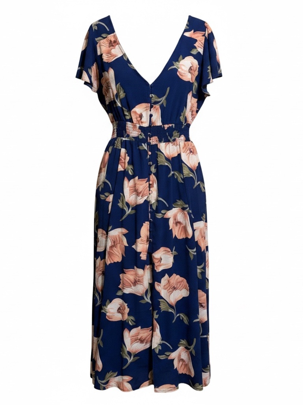 Women's Navy Floral V-Neck Midi Dress with Peach Blooms